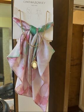 Cynthia Rowley Pink & Green Watercolor Floral Scarf with Gold Pendant necklaces